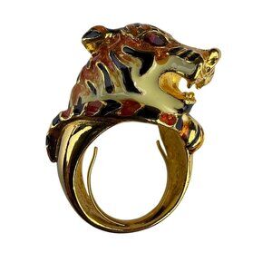 Vintage GKJ Enamel Gold Tone Adjustable Tiger Statement Ring Intricate Design